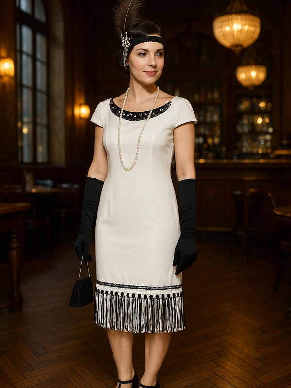 Cremeweißes Fransenkleid mit schwarzem Perlenbesatz am Ausschnitt und Saum. Schwarze Armhandschuhe, lange weiße Perlenkette, Feder-Kopfschmuck mit Schwarz und Silber, kleine schwarze Clutch, T-Strap-Schuhe angepasst in Schwarz mit dezenten Blütenapplikationen. Größe 40