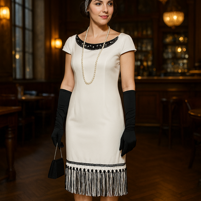 Cremeweißes Fransenkleid mit schwarzem Perlenbesatz am Ausschnitt und Saum. Schwarze Armhandschuhe, lange weiße Perlenkette, Feder-Kopfschmuck mit Schwarz und Silber, kleine schwarze Clutch, T-Strap-Schuhe angepasst in Schwarz mit dezenten Blütenapplikationen. Größe 40
