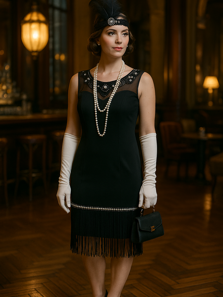 Schwarzes Charleston-Kleid-mit langen Handschuhe und Kopfschmuck Grröße 34