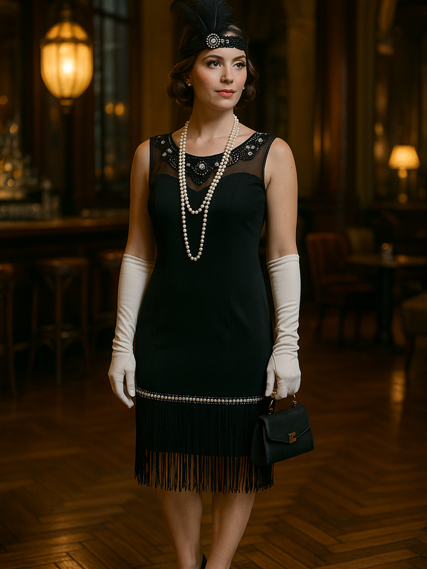 Schwarzes Charleston-Kleid-mit langen Handschuhe und Kopfschmuck Grröße 34