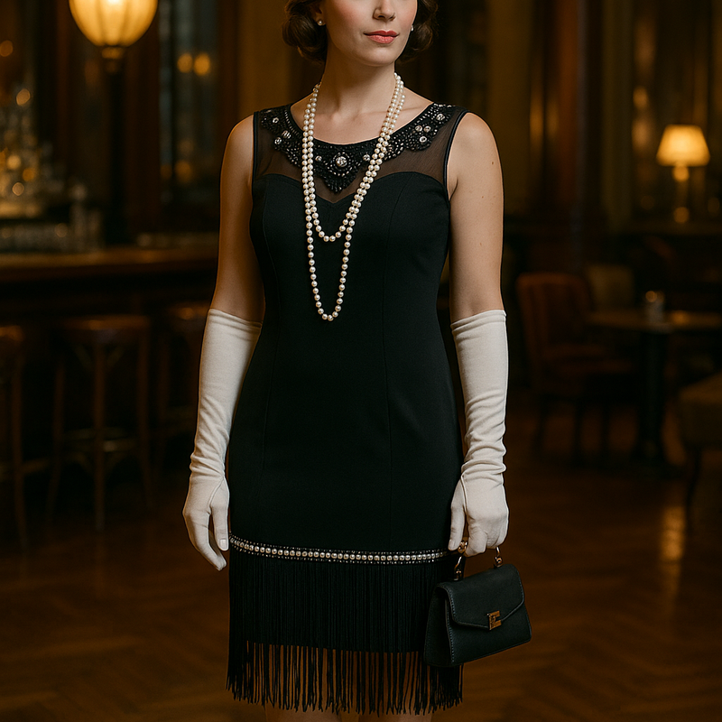 Schwarzes Charleston-Kleid-mit langen Handschuhe und Kopfschmuck Grröße 34