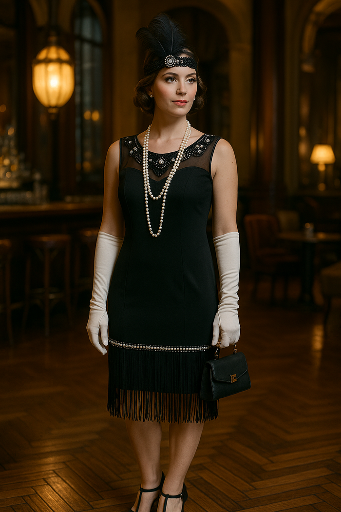 Schwarzes Charleston-Kleid-mit langen Handschuhe und Kopfschmuck Grröße 34