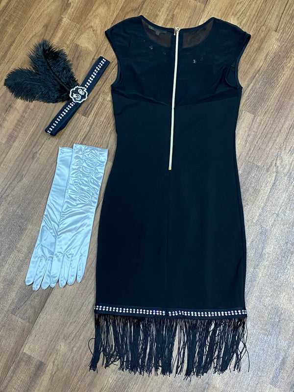 Hochwertiges 3teiiliges schwarzes Fransenkleid im 20er Jahre Stil Gr.34