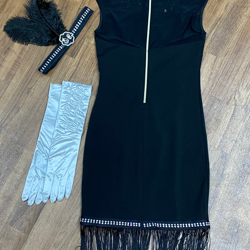 Hochwertiges 3teiiliges schwarzes Fransenkleid im 20er Jahre Stil Gr.34