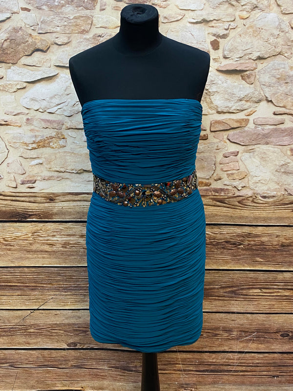 „Cocktailkleid blau trägerlos Unique Gr 36 mit Steinen Vorderansicht