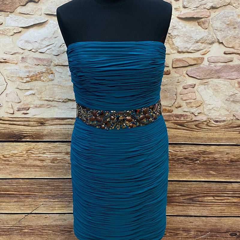 „Cocktailkleid blau trägerlos Unique Gr 36 mit Steinen Vorderansicht