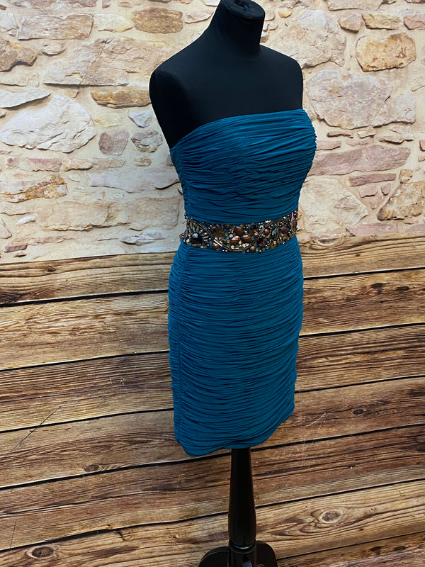 „Cocktailkleid blau trägerlos Unique Gr 36 mit Steinen Seitenansicht