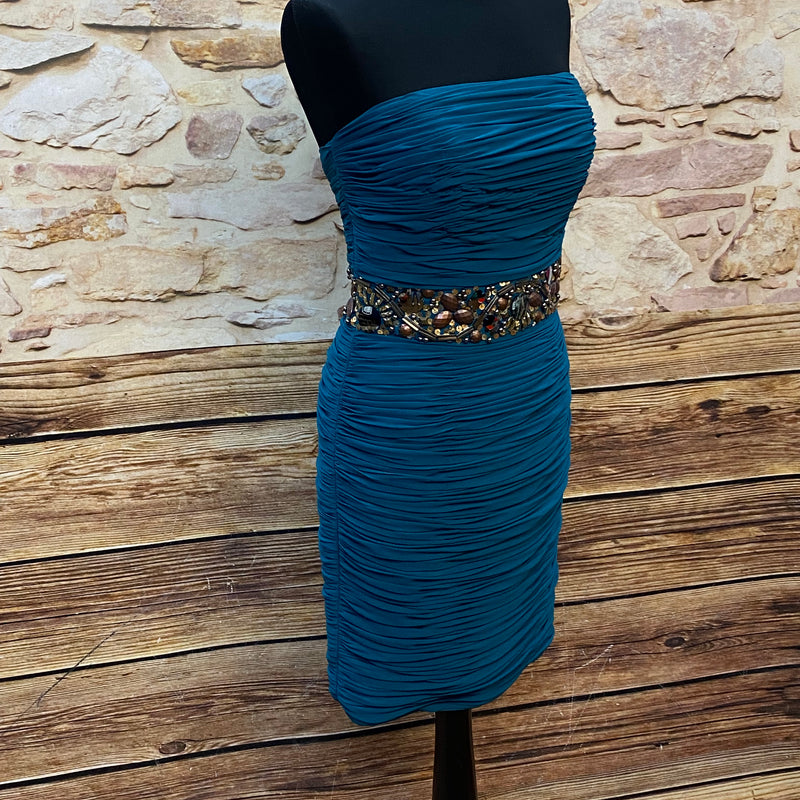 „Cocktailkleid blau trägerlos Unique Gr 36 mit Steinen Seitenansicht