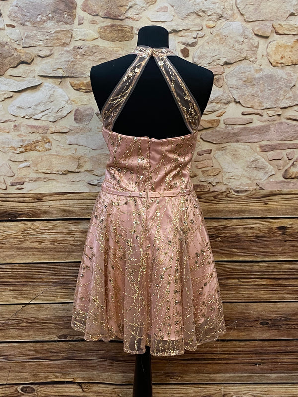 „Cocktailkleid rosa gold Pailletten trägerlos Gr 36 Rückansicht“
