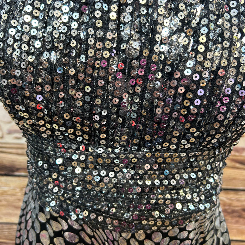 „Vintage Cocktailkleid schwarz Pailletten trägerlos Gr 38 Nahaufnahme