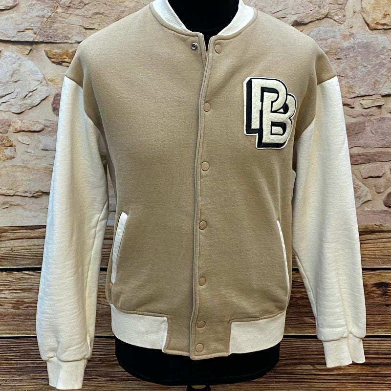 „Beige Pull&Bear College Jacke in Größe L, fällt kleiner aus, Vorderansicht mit PB-Logo“