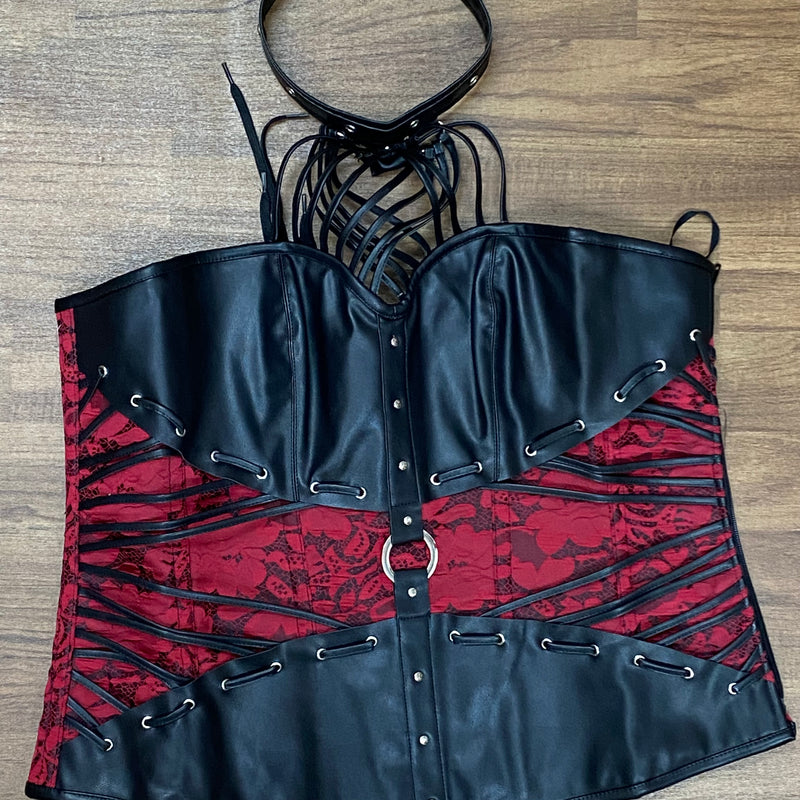 Vollbrust Korsett - Schwarz/Rot, Neckholder