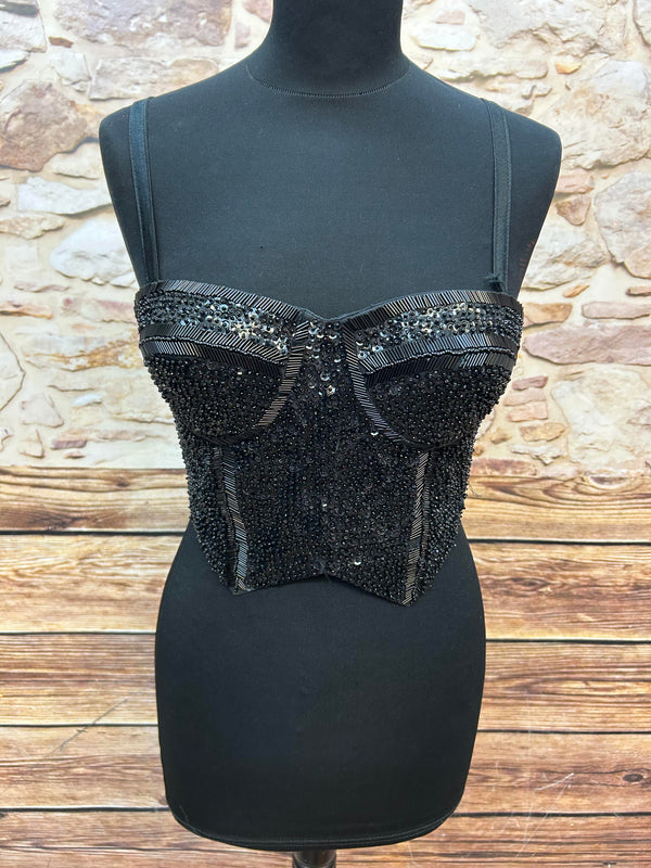 Schwarze Pailletten-Corsage im 80er-Jahre-Stil, Gr.M