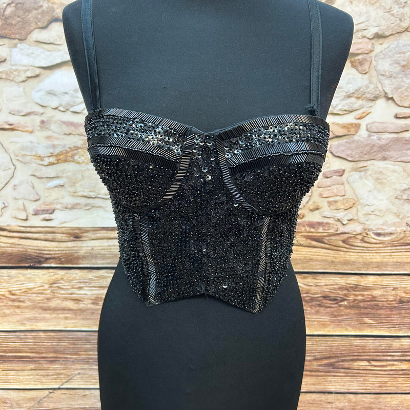 Schwarze Pailletten-Corsage im 80er-Jahre-Stil, Gr.M