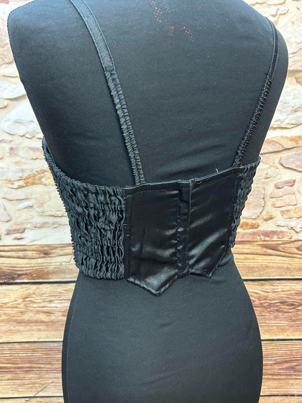 Schwarze Pailletten-Corsage im 80er-Jahre-Stil, Gr.M