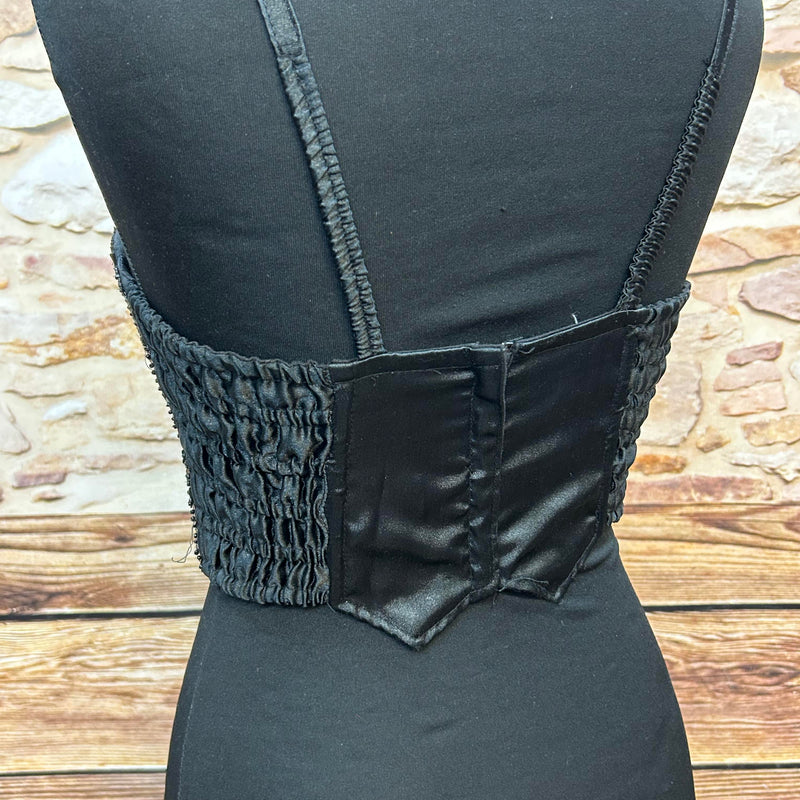 Schwarze Pailletten-Corsage im 80er-Jahre-Stil, Gr.M