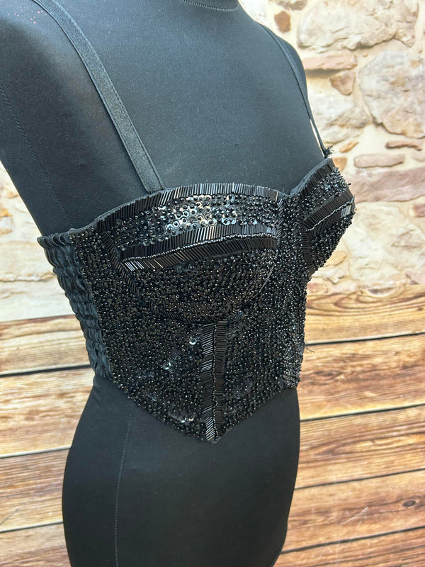 Schwarze Pailletten-Corsage im 80er-Jahre-Stil, Gr.M