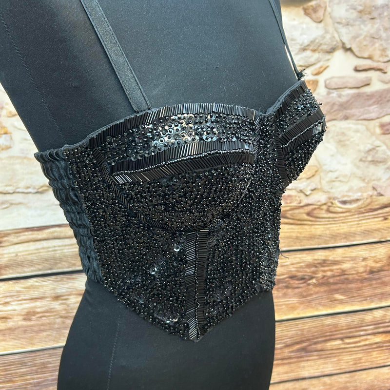 Schwarze Pailletten-Corsage im 80er-Jahre-Stil, Gr.M
