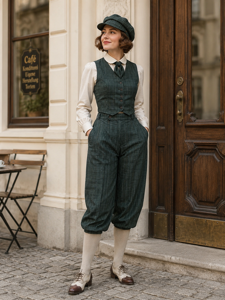 KI-generiert – Damen Knickerbocker grün kariert im 20er Jahre Stil mit Weste, Bluse und Schirmmütze