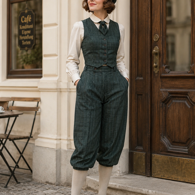 KI-generiert – Damen Knickerbocker grün kariert im 20er Jahre Stil mit Weste, Bluse und Schirmmütze