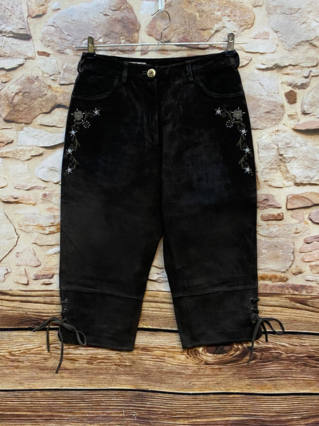 Vintage Damen Kniebundlederhose Größe 36 dunkelbraun aus Schweinsveloursleder mit floraler Stickerei