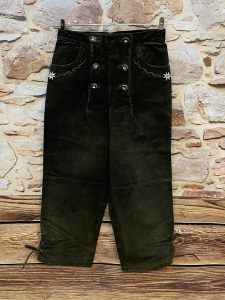 Vintage Damen Kniebundlederhose Größe 36 dunkelgrün aus Schweinsveloursleder mit Edelweiß-Stickerei