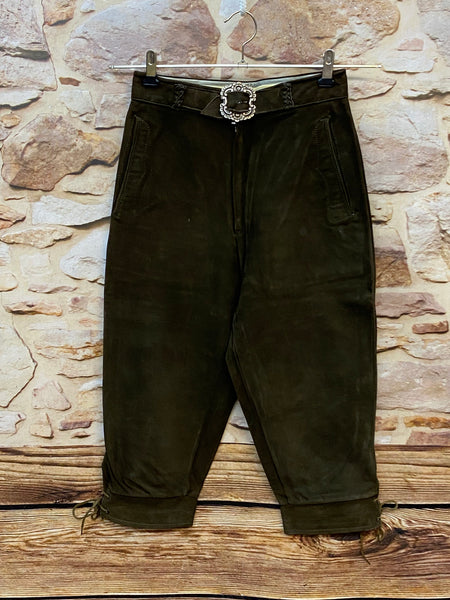 Vintage Damen Kniebundlederhose Größe 34 dunkelbraun mit Ledergürtel und verzierter Trachtenschnalle