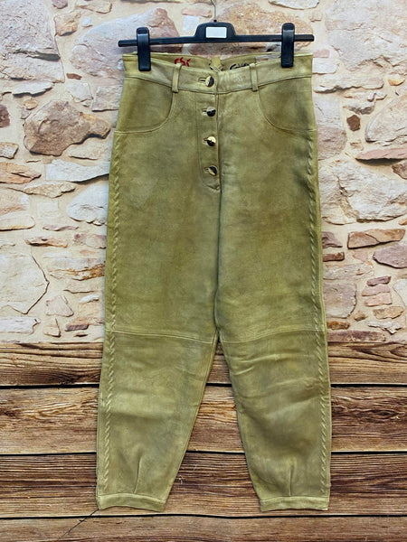 „Damen Lederhose Gr. 40 lang in Olivbeige aus 100% Leder mit Flechtverzierung“