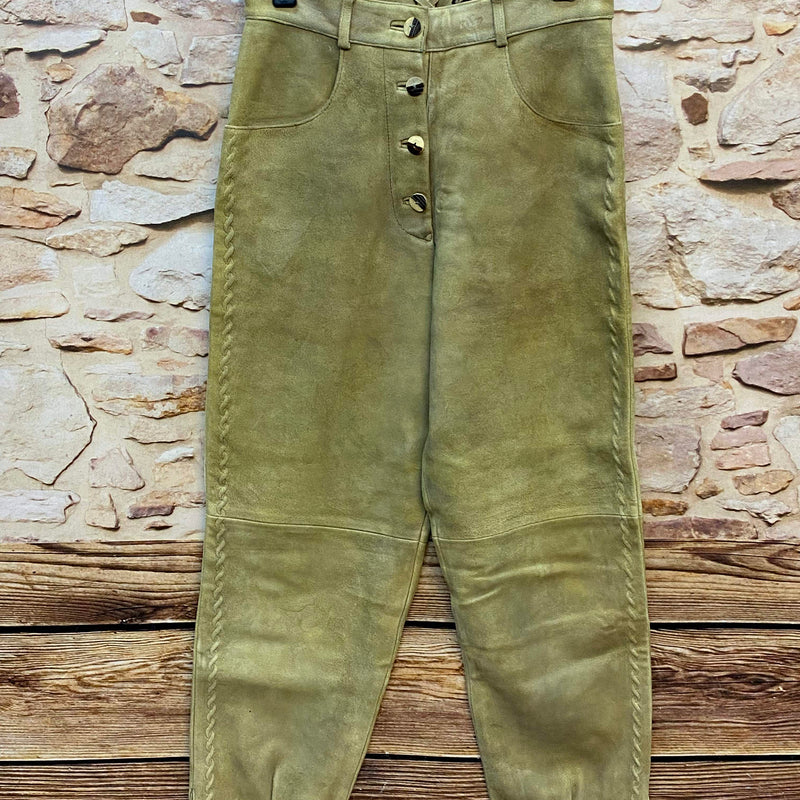 „Damen Lederhose Gr. 40 lang in Olivbeige aus 100% Leder mit Flechtverzierung“