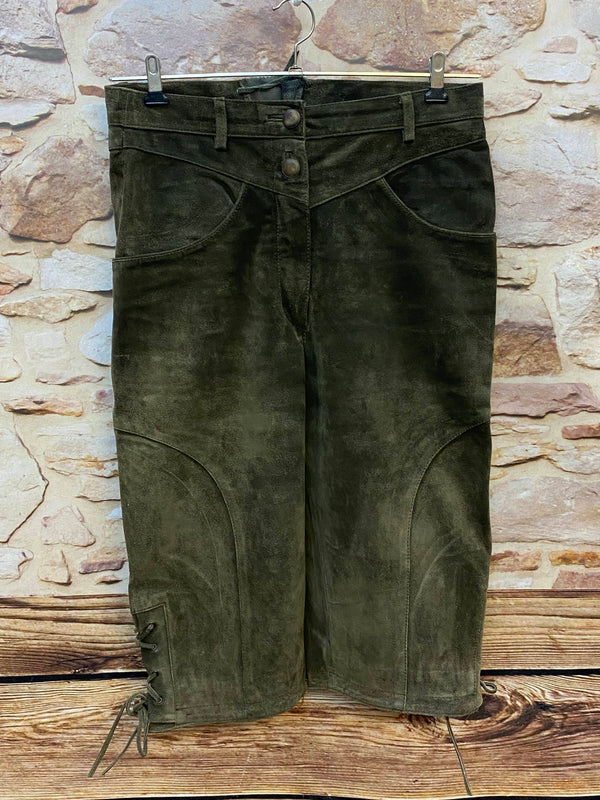 Damen Trachtenlederhose 3/4 Gr. 40 olivgrün aus Rauleder mit Schnürung und goldfarbenem Futter