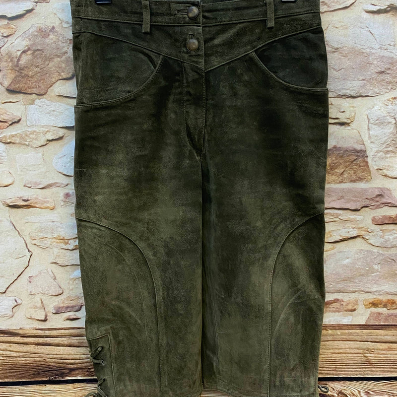 Damen Trachtenlederhose 3/4 Gr. 40 olivgrün aus Rauleder mit Schnürung und goldfarbenem Futter