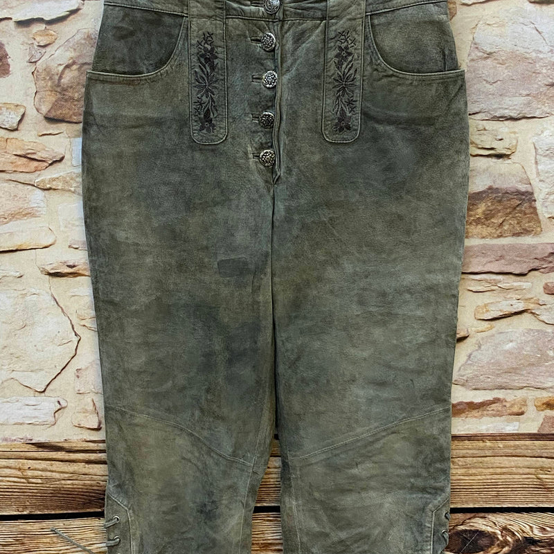 Damen Trachtenlederhose 3/4 Gr. 44 olivgrau aus Schweinsveloursleder mit Stickerei und Schnürung
