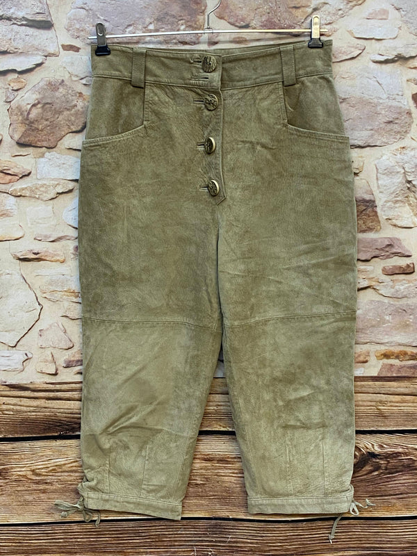 Vintage Damen Trachtenlederhose Gr. 40 in Beige-Oliv mit dekorativer Knopfleiste und geschnürten Beinabschlüssen