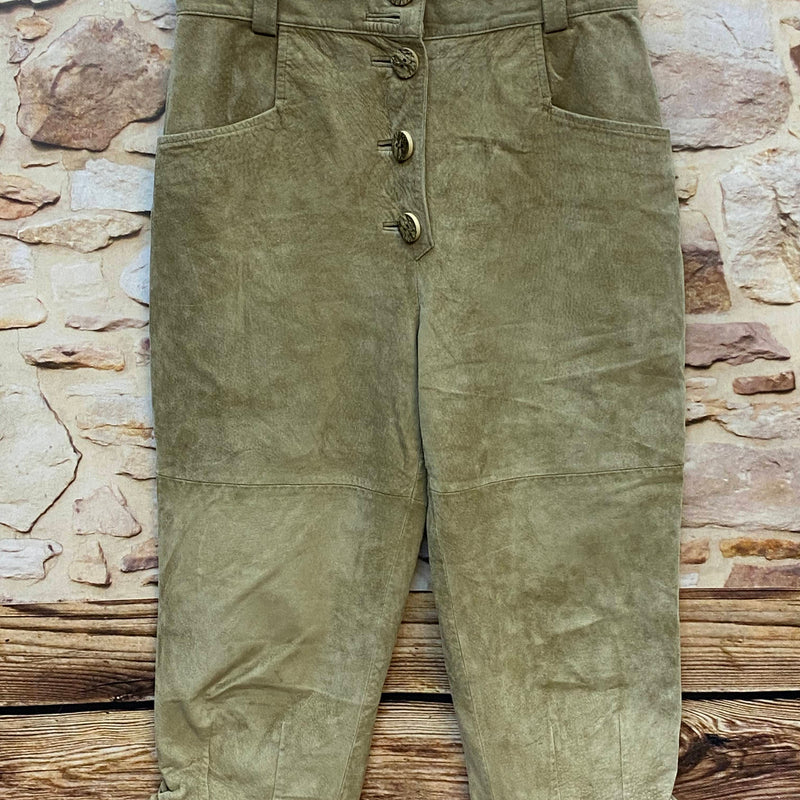 Vintage Damen Trachtenlederhose Gr. 40 in Beige-Oliv mit dekorativer Knopfleiste und geschnürten Beinabschlüssen