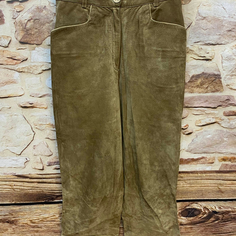 Vintage Damen Trachtenlederhose Gr. 40 von Landhaus aus braun-olivem Nubukleder mit Schnürung am Bund und Beinabschluss