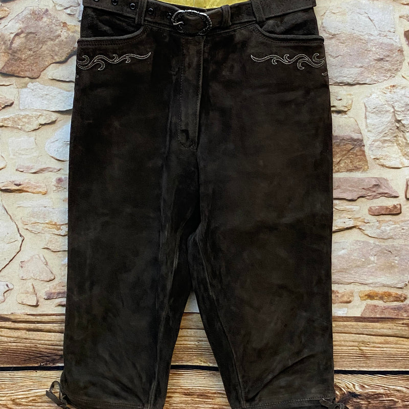 Damen Trachtenlederhose dunkelbraun Gr. 36 Beckert Modell 3/4 mit Stickerei und Gürtel