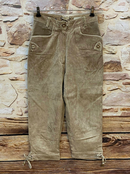 Damen Trachtenlederhose Gr. 38 beige aus Schweinsveloursleder mit Zierknöpfen und Schnürungen