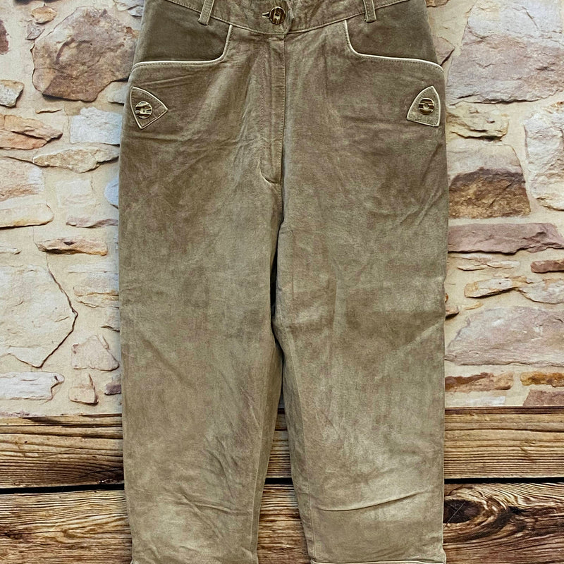 Damen Trachtenlederhose Gr. 38 beige aus Schweinsveloursleder mit Zierknöpfen und Schnürungen
