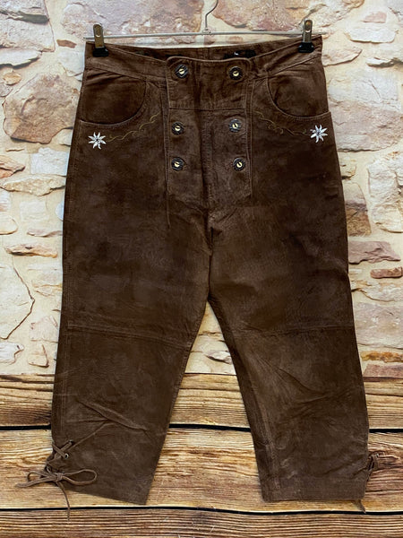Damen Trachtenlederhose Gr. 38 braun aus Schweinsveloursleder mit Edelweiß-Stickerei und Knopfleiste