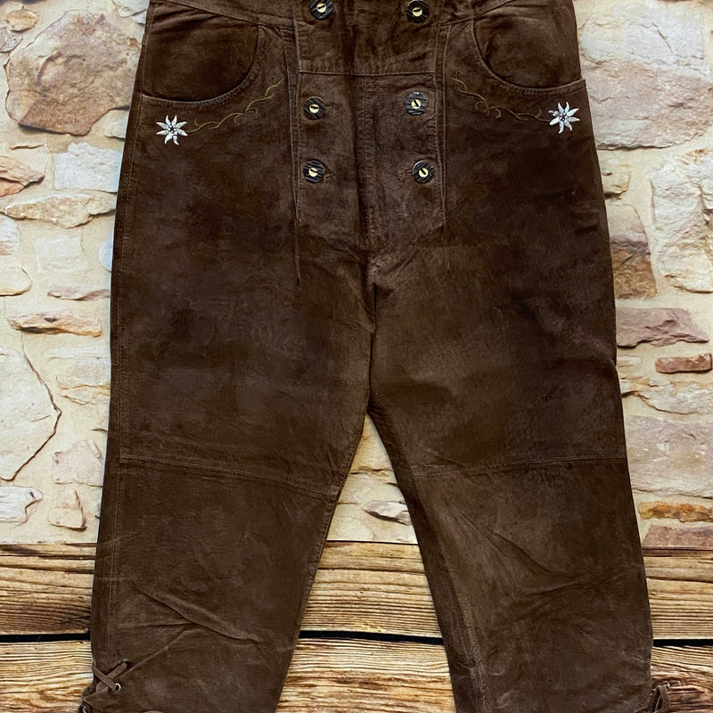 Damen Trachtenlederhose Gr. 38 braun aus Schweinsveloursleder mit Edelweiß-Stickerei und Knopfleiste