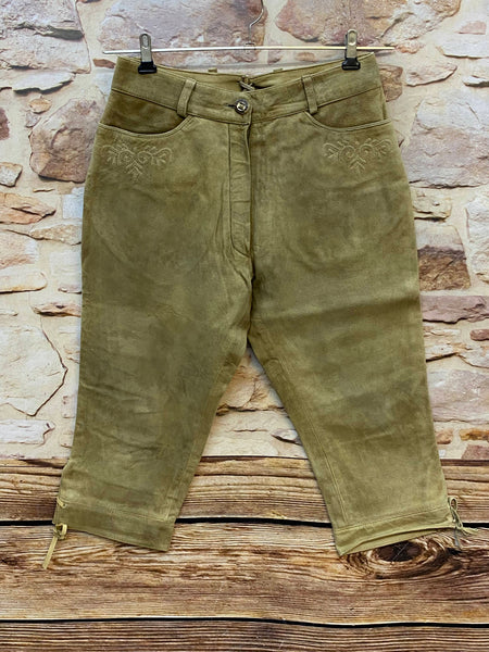 Damen Trachtenlederhose Kniebund Gr. 38 helloliv aus Veloursleder mit Stickerei