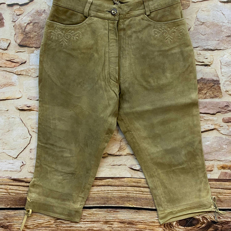 Damen Trachtenlederhose Kniebund Gr. 38 helloliv aus Veloursleder mit Stickerei