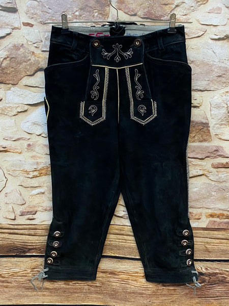 Damen Trachtenlederhose schwarz Gr. 34 Gamstock mit heller Stickerei und Kniebund