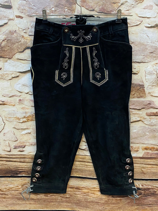 Damen Trachtenlederhose schwarz Gr. 34 Gamstock mit heller Stickerei und Kniebund