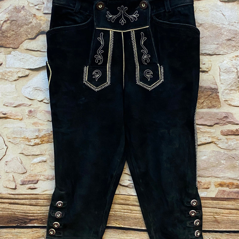 Damen Trachtenlederhose schwarz Gr. 34 Gamstock mit heller Stickerei und Kniebund