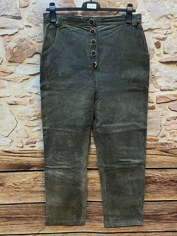 Vintage Damen Trachtenlederhose Gr. 44 aus echtem olivgrünem Schweinsleder von Alphorn Trachtenmode mit Knopfleiste