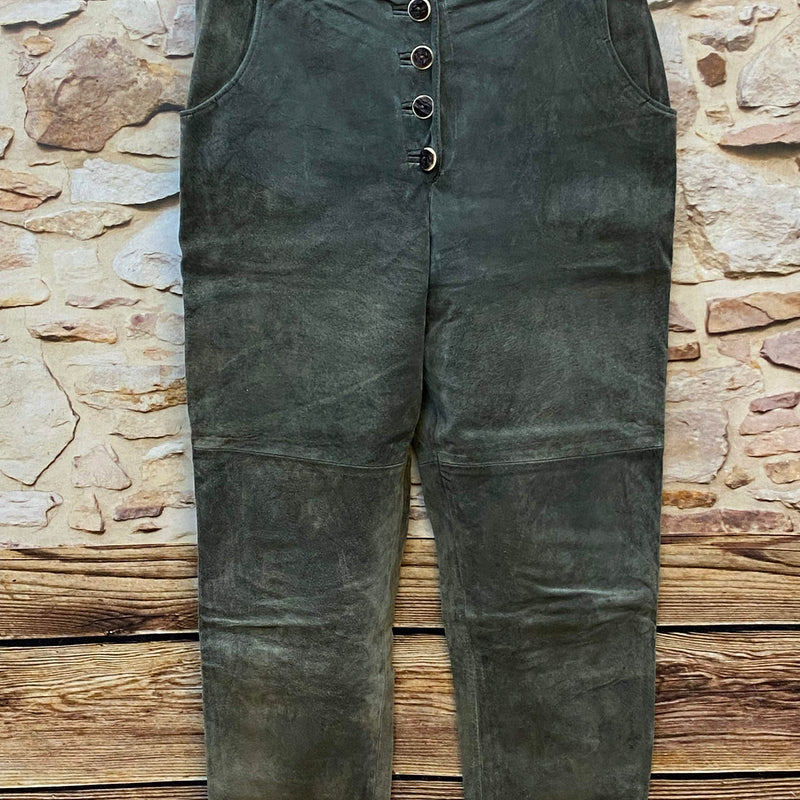 Vintage Damen Trachtenlederhose Gr. 44 aus echtem olivgrünem Schweinsleder von Alphorn Trachtenmode mit Knopfleiste