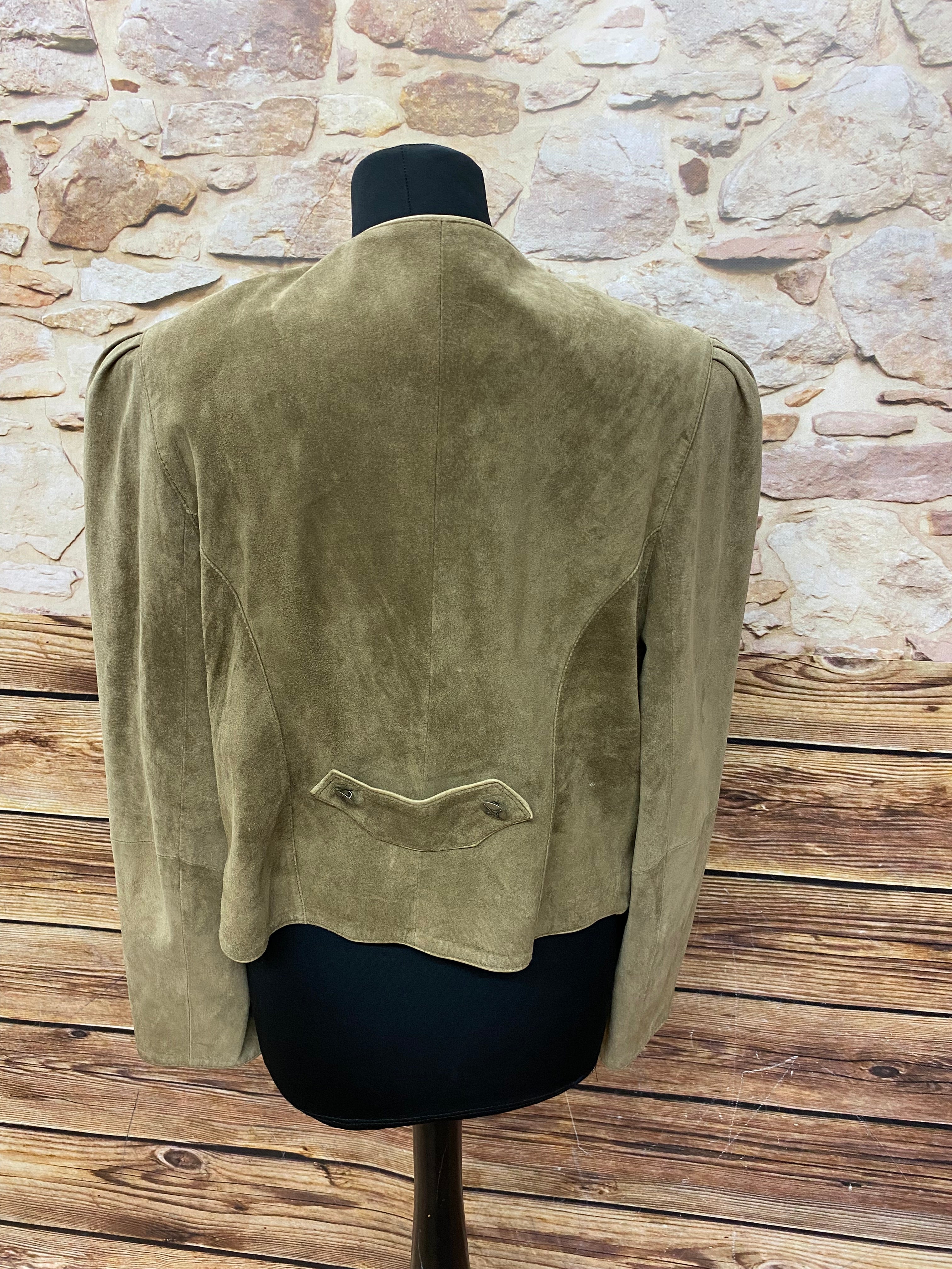 Trachten Damenjacke kurze Jacke Echtleder Vintage Gr.42 grün/beige