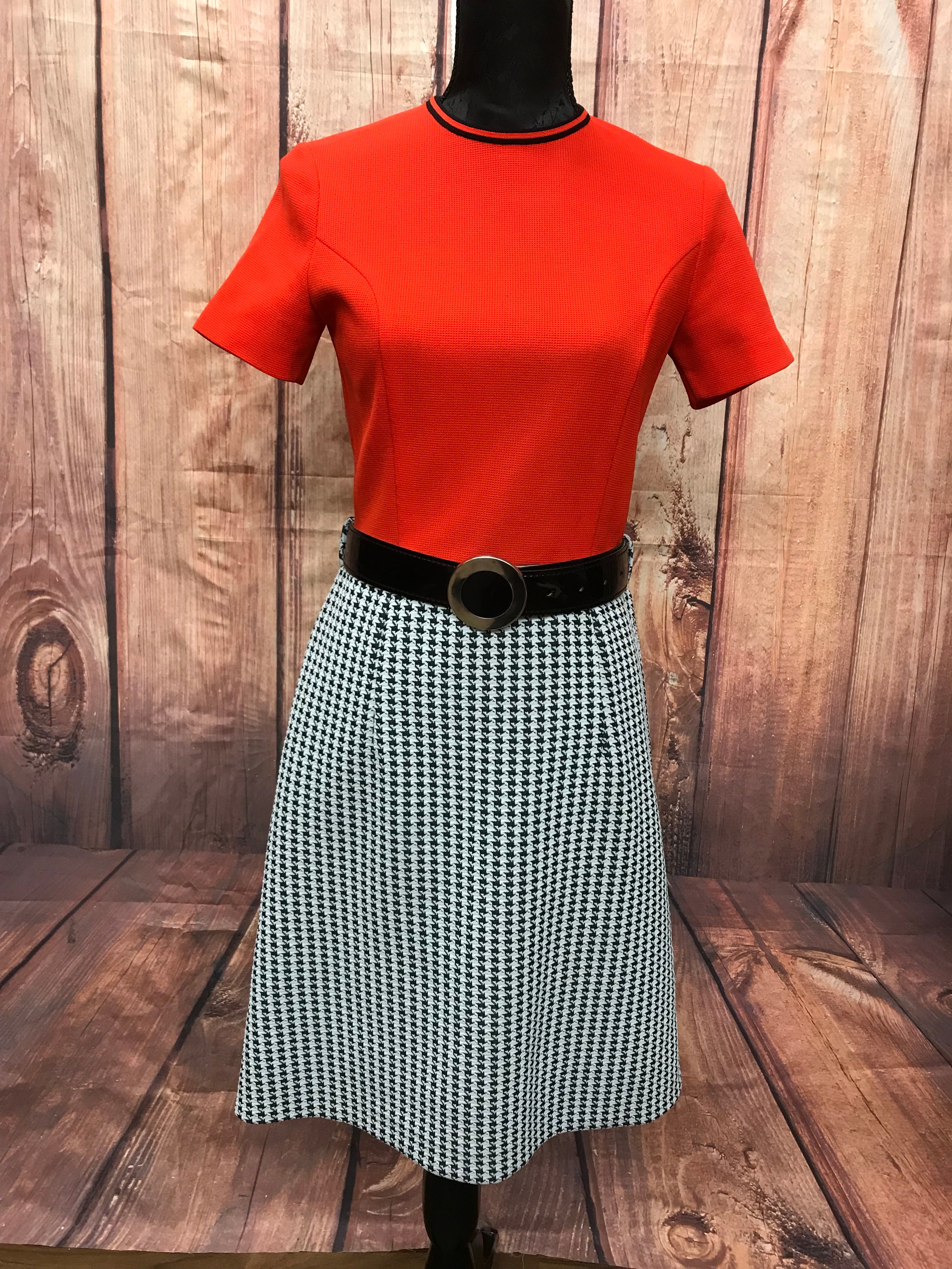 Vintage Damen Kostüm, Kleid mit Blazer, Pepita Muster rot schwarz weiß Gr.38
