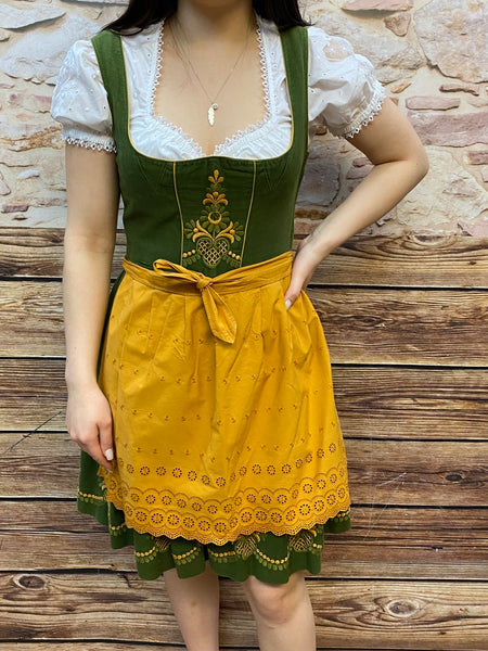 Balkonett Dirndl Trachtenkleid Vintage Stickerei Gr.36, grün mit gelber Schürze